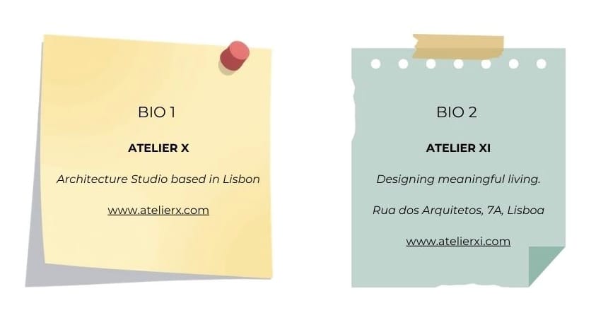 Comparação de duas biografias de Instagram de ateliers de arquitetura. Uma genérica ('Atelier X') e outra otimizada com um posicionamento claro ('Atelier XI').